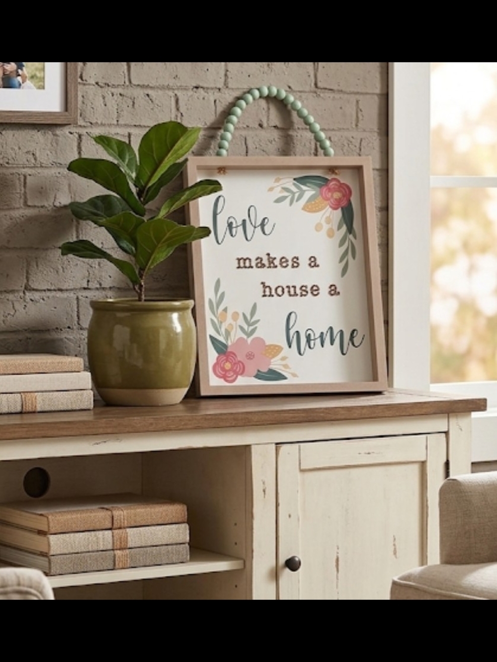 Framed 'Love Makes a House a Home' Sign with Mint Bead Hanger